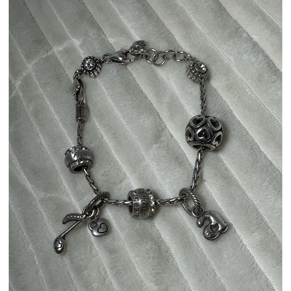 Brighton Barrel Slide Charm Bracelet w. Charms & 2 Rhinestones Silver Plated